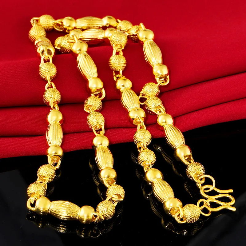 

24k yellow gold plated gold sand gold round beads imitation gold necklace solid frosted cylindrical necklace chain jewelry gift