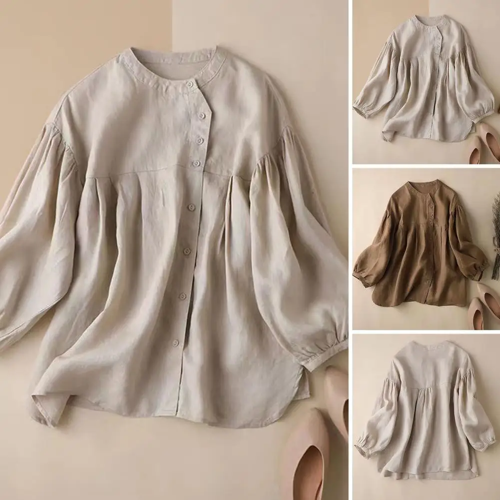 

Retro Simple Women Shirt Vintage-inspired Women's Casual Shirt O-neck Lantern Sleeve Single Breasted Top with Splicing Design