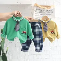 Fashion Children Boys Girls Cartoon Clothing with Tie Baby T-shirt Pants Set Kids Autumn Toddler Tracksuits Girls Kids Clothes