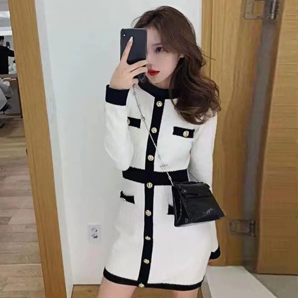 

Winter Dress Popular Coldproof O-neck Stylish Stretchy Skinny Bodycon Knitting Short Dress for Party Mini Dress Pencil Dress