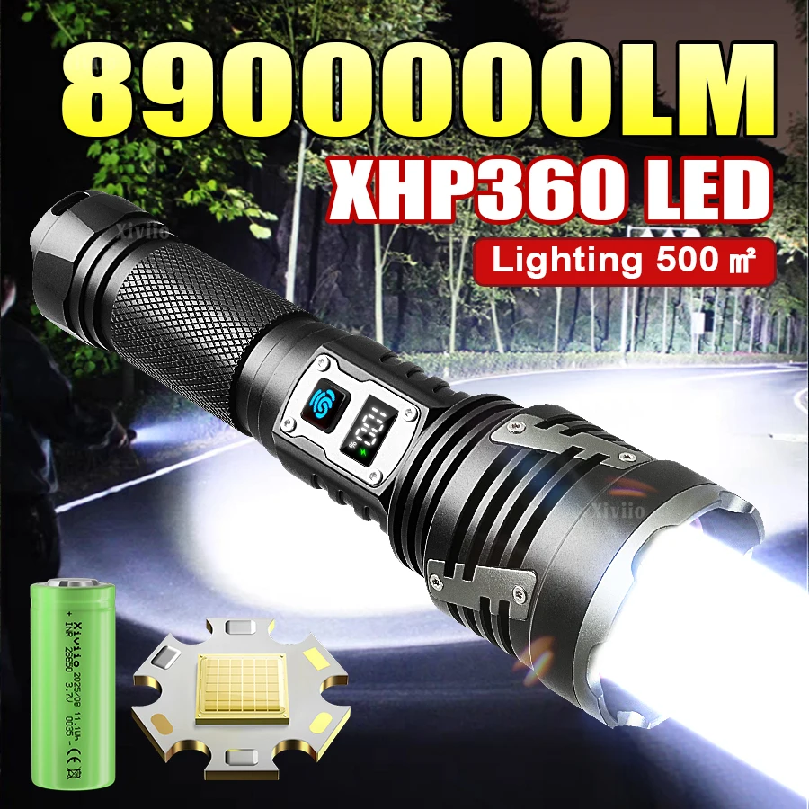 Фото Супермощный тактический фонарь XHP360 2025 года, перезаряжаемый, ультраяркий, из алюминиевого сплава, самый мощный походный фонарь №1