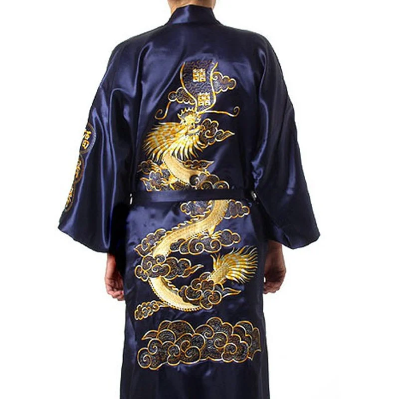 

Синее китайское атласное шелковое мужское платье, кимоно с вышивкой и рукавами «летучая мышь», размер S M L XL XXL XXXL S0008
