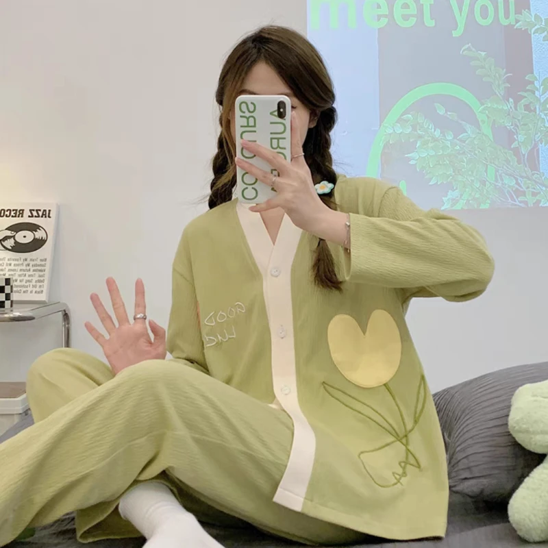 Pajamas for Women's Spring Student Youth Style Flower V-neck Soft Home Service Suit Casual Breathable and Comfortable Nightwear