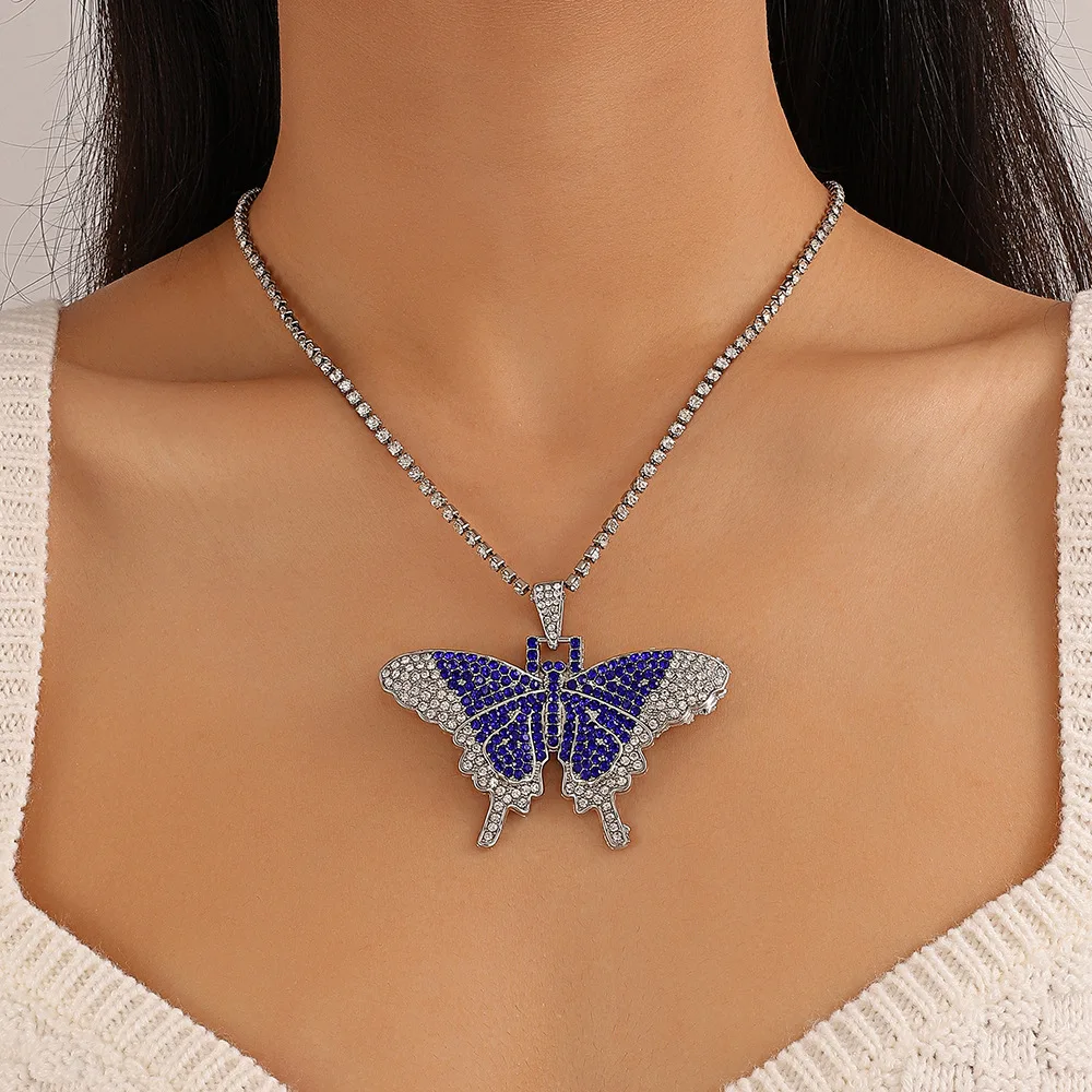 

Women's Necklace Full of Diamonds Cuban Colored Large Butterfly Necklace Exaggerated Butterfly Pendant Butterfly Necklace