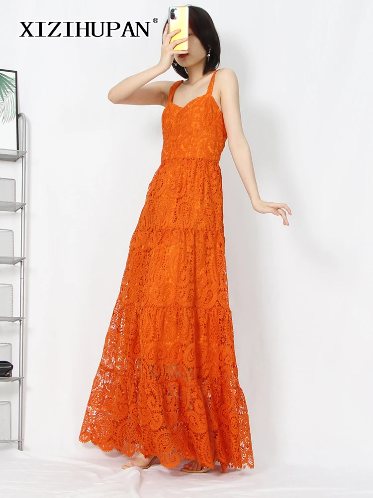 

XIZIHUPAN Embroidery Cut Out Midi Dress For Women Square Collar Sleeveless High Waist Solid Long Dresses Female 2022 Clothes New