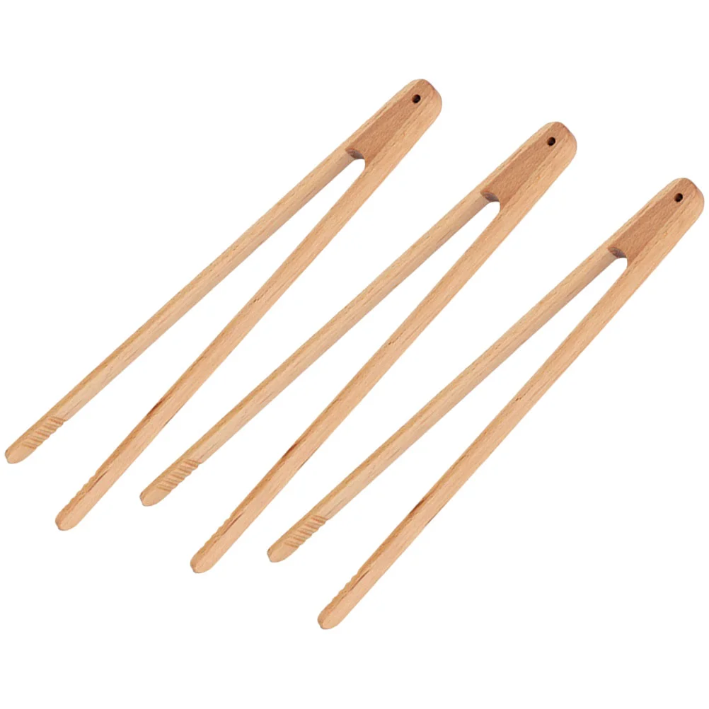 

3pcs Beech Household Reusable Lightweight Convenient Bacon Steak Tongs Buffet Tongs Bacon Clamps Serving Tongs