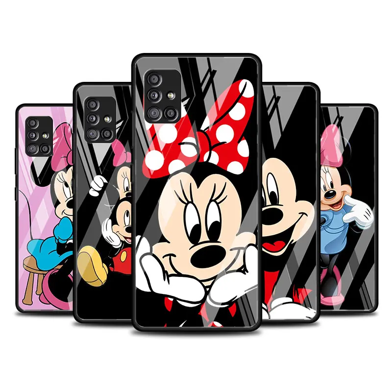 

Black Style Mickey Mouse Tempered Glass Case for Samsung Galaxy A32 A12 A14 5G A22 A73 A13 A50 Phone Cover A23 A52 A02 A72 Shell