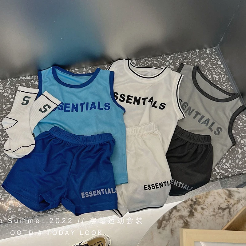

Essentials Letter Kids Sets Summer Sleeveless Tops+ Sport Shorts Spring Toddler Set Children Casual Shorts Sport Breathable Suit