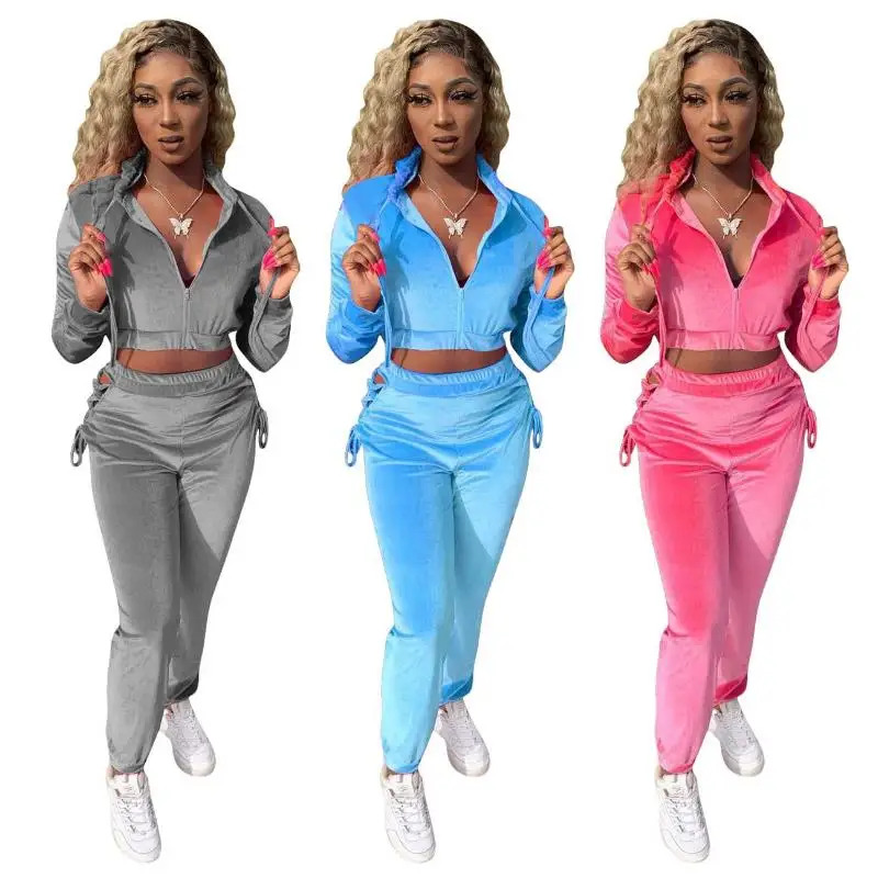

Fashion Women Velvet Tracksuits Sexy Solid Colour Long Sleeve Zipper Jackets Tops and Pants Two Piece Set Casual Jogging Sport