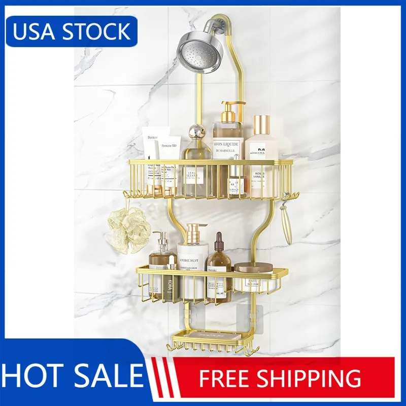

YASONIC Shower Caddy Over Shower Head Large Hanging Shower Caddy with 10 Hooks for Razor/Sponge - Hanging Shower Organizer Gold