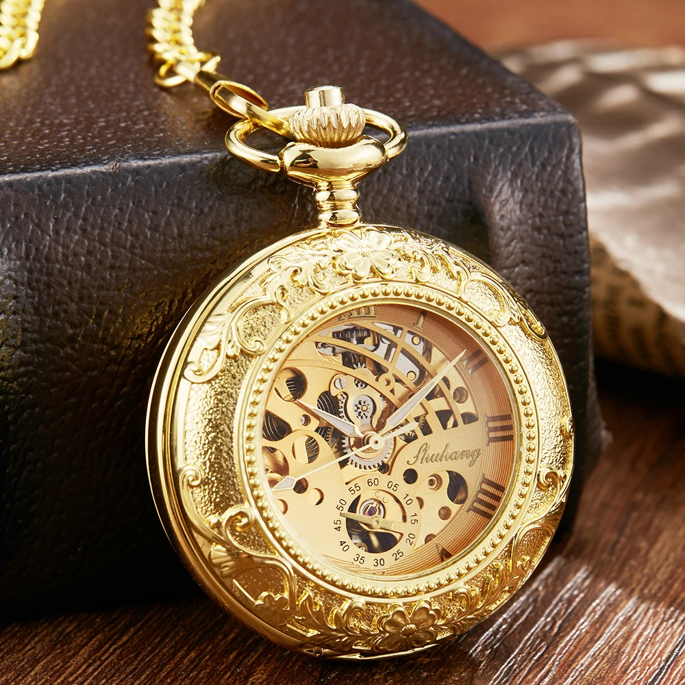 Luxury Gold Mechanical Pocket Watch Exquisite Dial Retro Engraving Double Cover Hollow Hand Wind Clock Men Gifts Pendant Chains