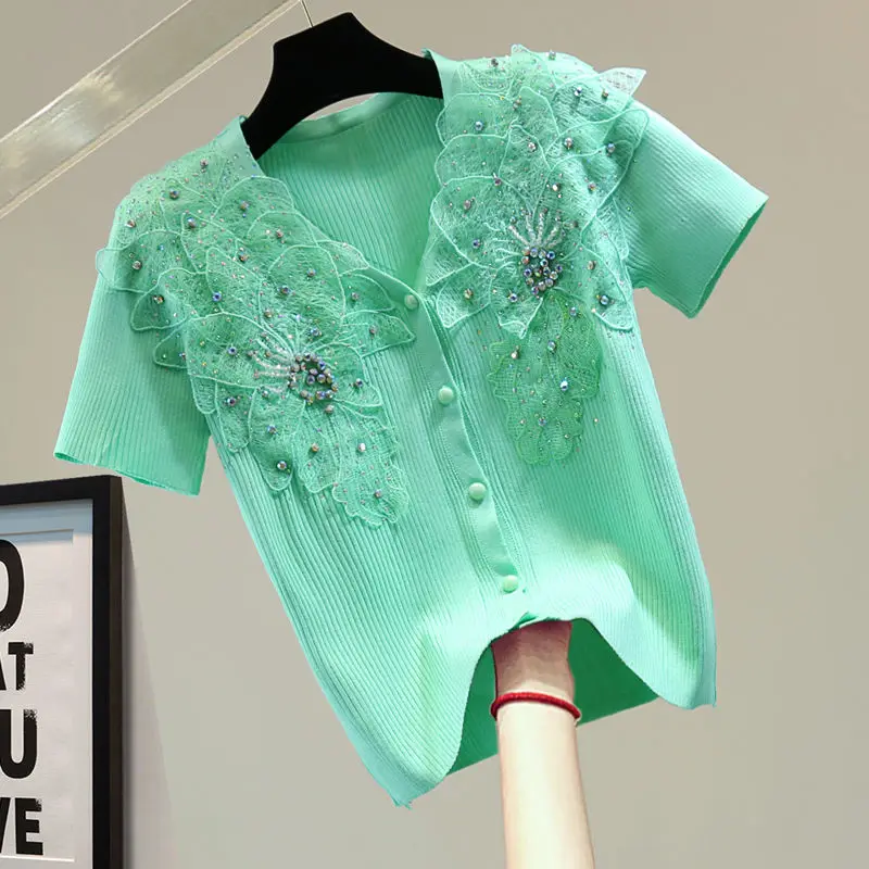 

Women 2022 Summer New Lace Stitching Cardigan Coats Female Ice Silk Knitted Jackets Ladies Short Sleeve Sweater Outwear W227