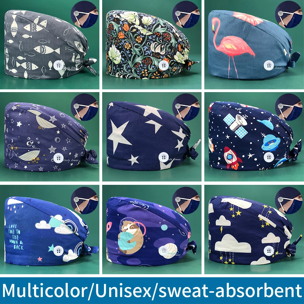 

Медицинские рабочие шапки из 100% хлопка, медицинские скрабы, шапки, Женские аксессуары для красоты и здоровья, мультяшный принт, шапочка для ...