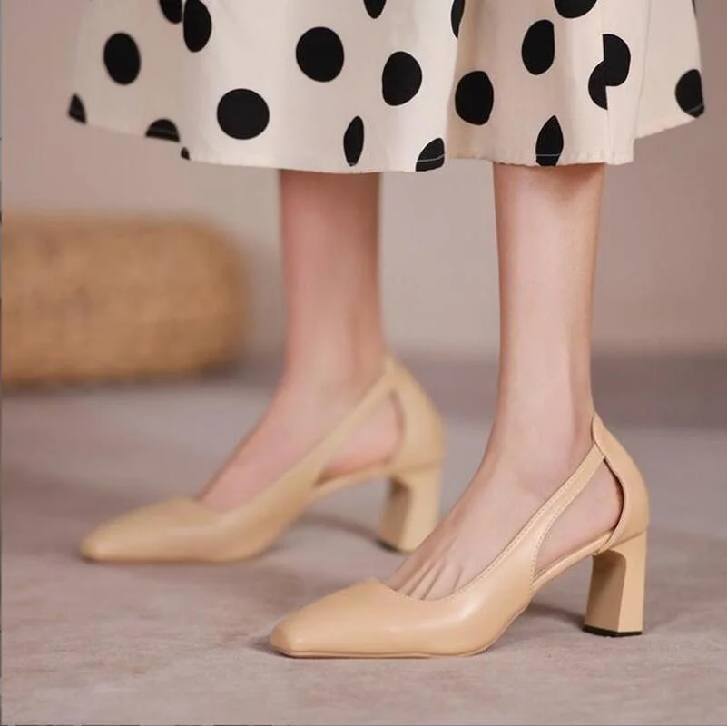 

Simple Fashion Square Toe Shallow Mouth High Heels Chunky Heel Women Pumps Soft Leather Comfort Career Work Shoes Party Shoes