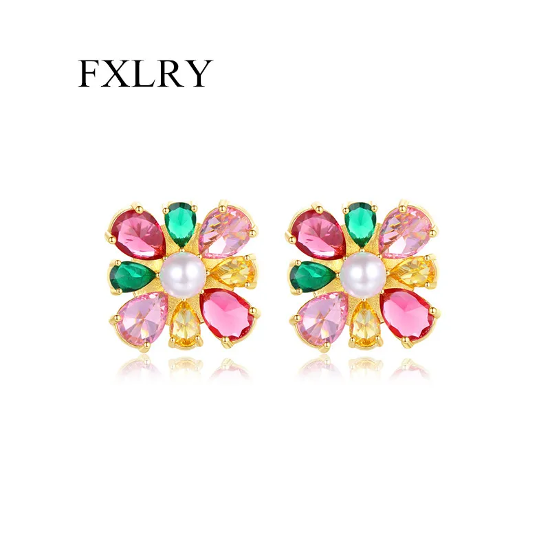 

FXLRY Elegance Multicolor Cubic Zirconia Pink Red Green CZ Flower Shape Stud Earrings For Women Wedding Bridal Jewelry