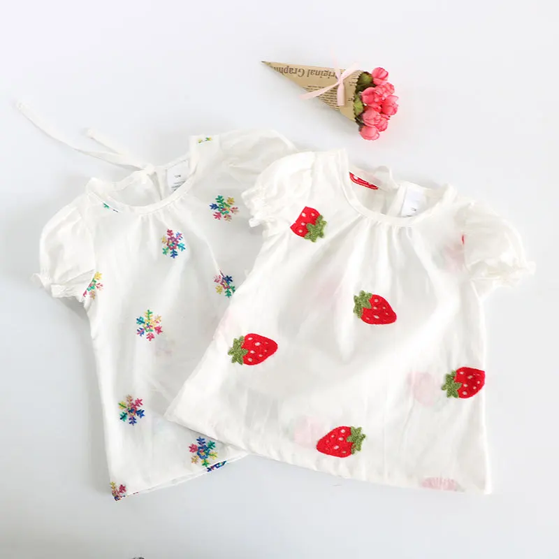 

Summer Girls T-shirt Pure Cotton Breathable Short-sleeved Round Collar Shirt Lovely Strawberry Embroidered Top Girls Clothes