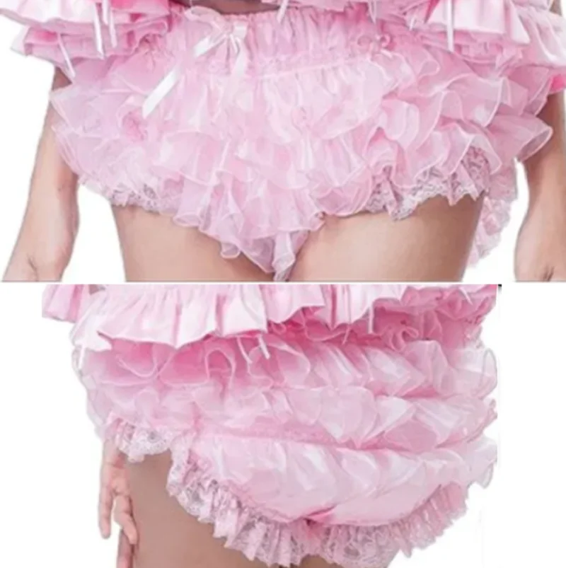 

Adult Giant Baby Sexy Girl Pink Thin Satin Organza Bow Tie Sissy Short Skirt Lining Maid Role-playing Custom Multi-color