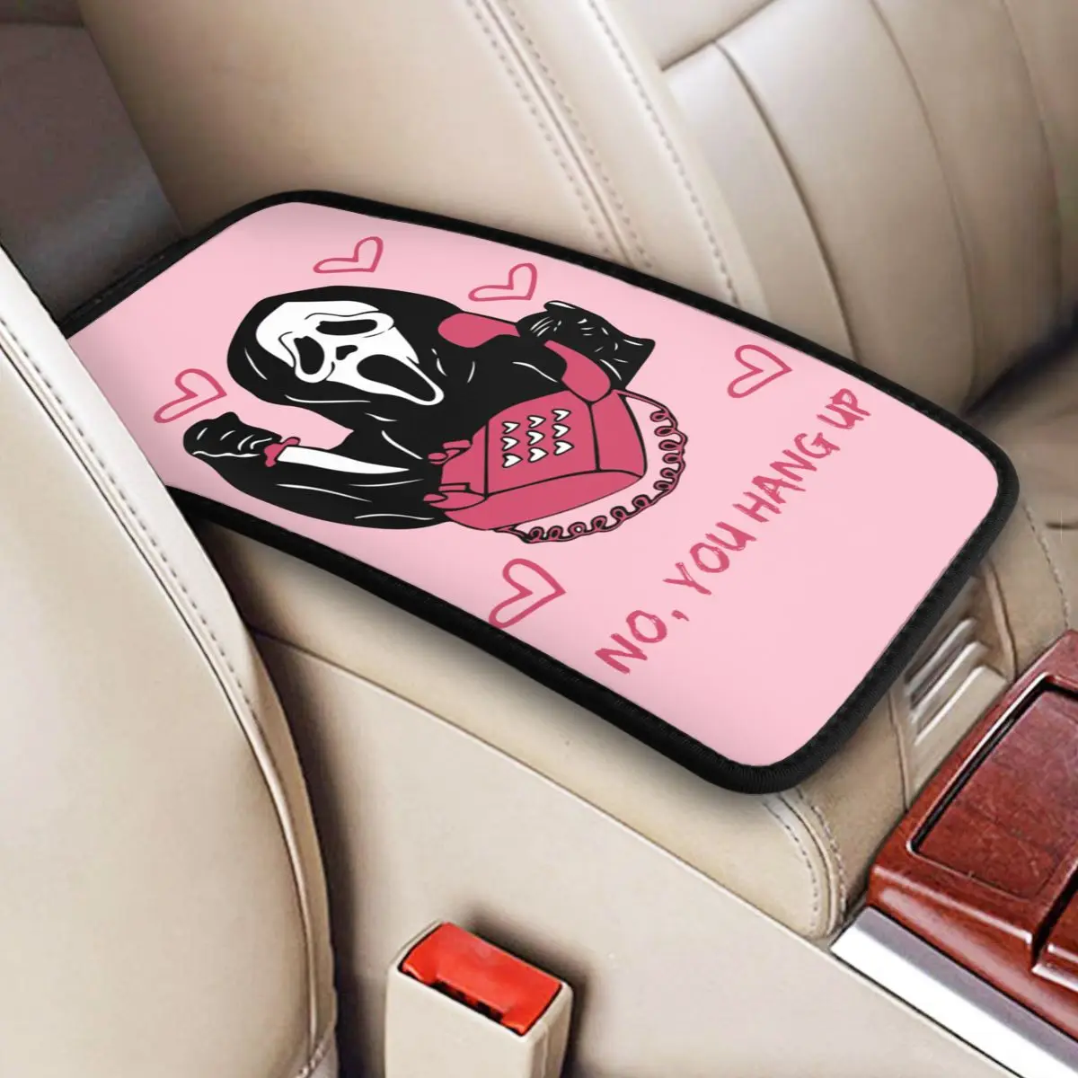 

Ghost No You Hang Up Car Armrest Box Pad Non-Slip Halloween Scream Film Center Console Cover Mat Interior Accessories