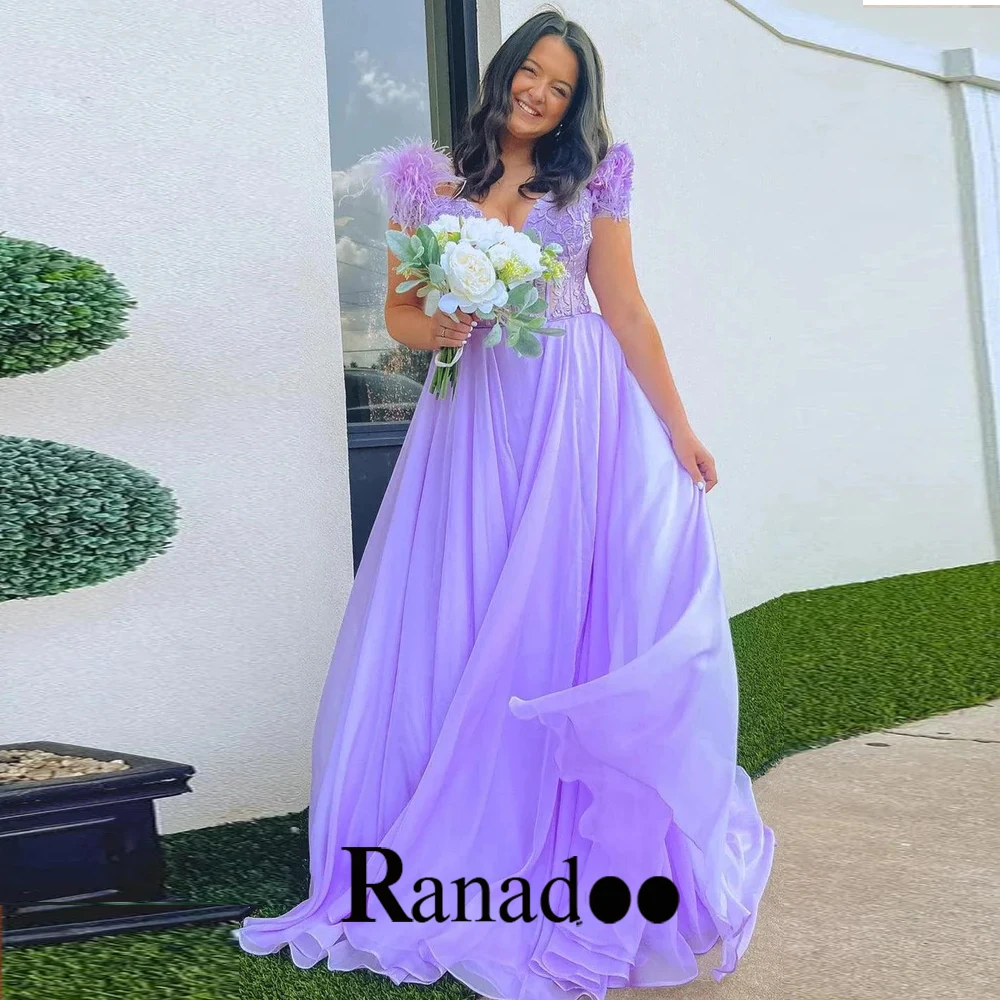 

Ranadoo Illusion Evening Gowns For Women With Feathers V Neck Off The Shoulder Zipper A Line Pleats Court Train Robes De Soirée