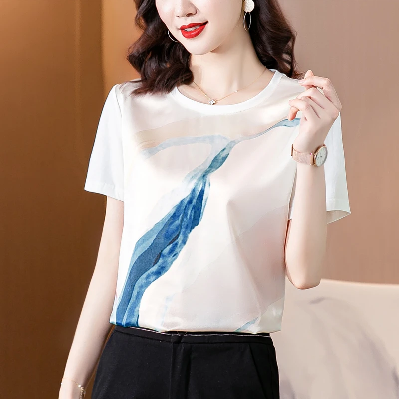 

Cotton Women's T-shirt Summer Loose Top Fashion Short Sleeve Satin Splicing Leisure O-Neck Female Clothes Printing Tees