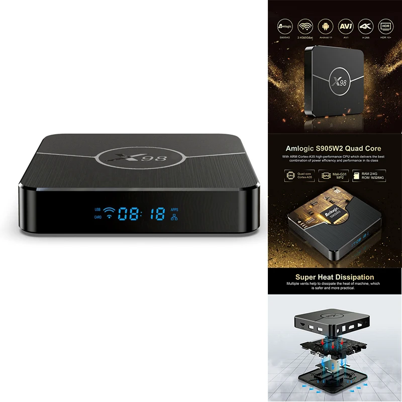 Smart X98 Plus TV BOX Android11 Amlogic S905W2 2 ГБ ОЗУ 16 Wi-Fi 4G 5G 4K AV1 Медиаплеер для Google Youtube