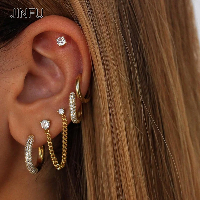 

JINFU Copper Gold Plated Hoop Stud Earrings For Women Classic CZ Zircon Piercing Initial Chain Earrings 2022 Jewelry Wholesale