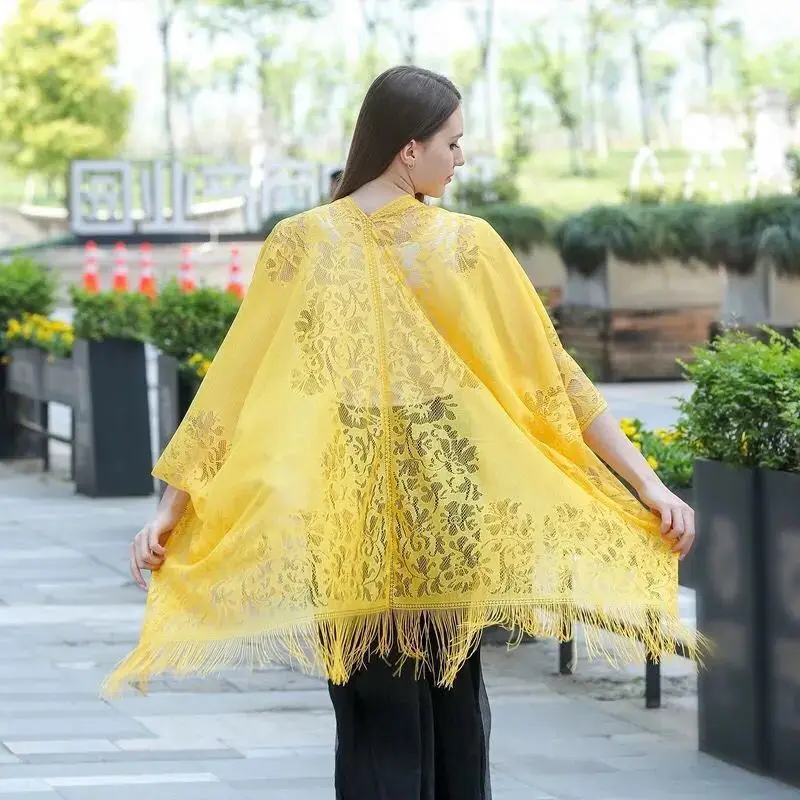 

Beach Sunscreen Clothing Lace Cardigan Summer Outer Wear Sunshade Cape Women Tassel Coat Spring Seaside Holiday Leisure Shawl Y1