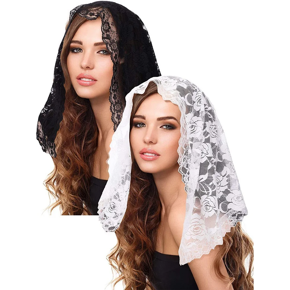 

2 Pieces Floral Lace Veils Head Covering Latin Mass Mantilla Veils Short Scarf for Bridal