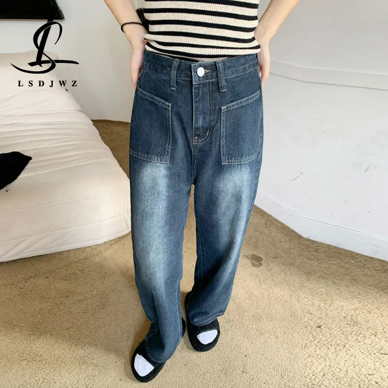 Streetwear Y2k Straight Leg Jeans Woman Vintage Clothes Denim Women's Pants Korean Fashion Female Clothing High Waist 2022 Blue