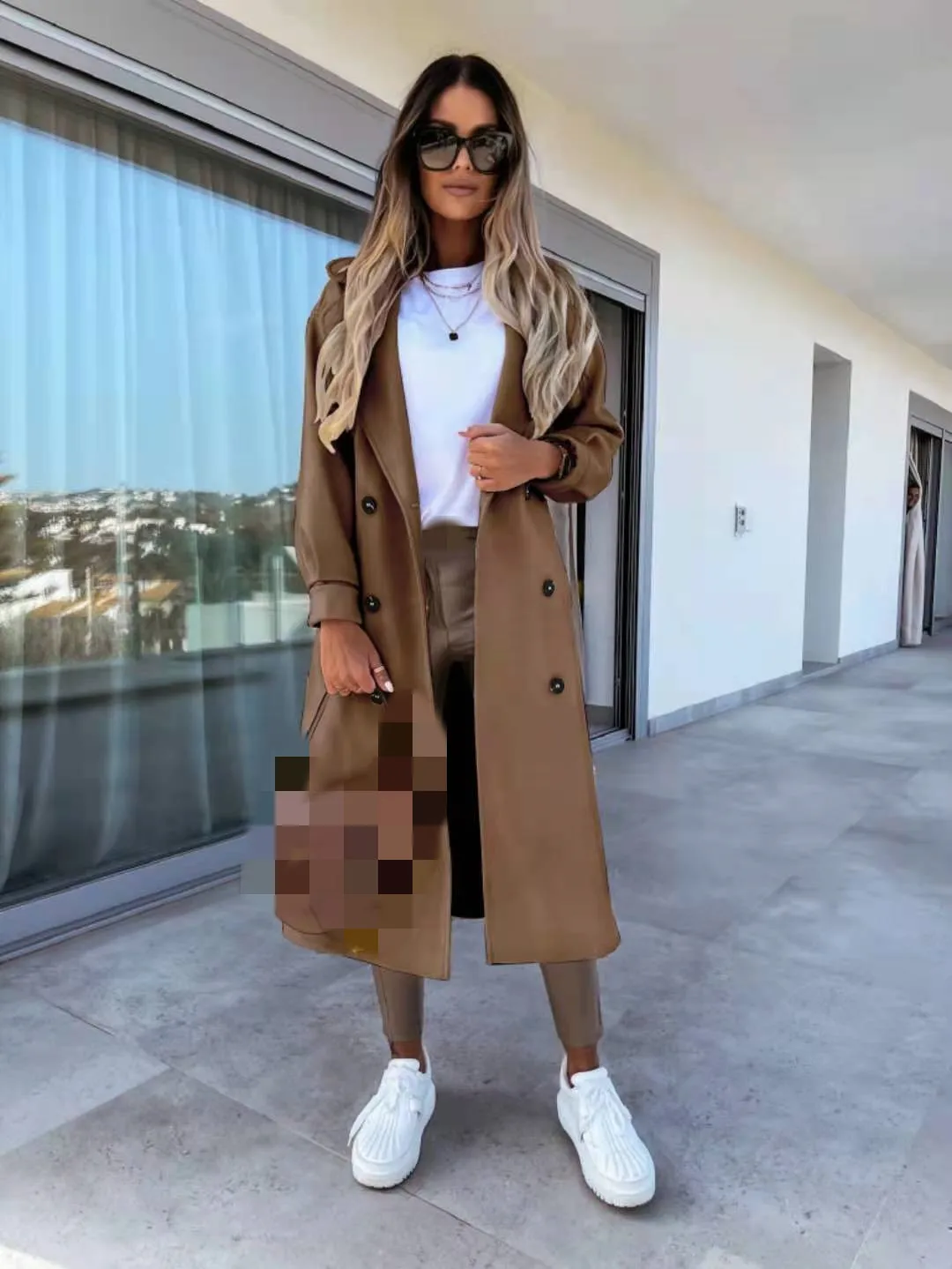 Женское шерстяное пальто однотонная стеганая Ветровка цвета хаки с длинным