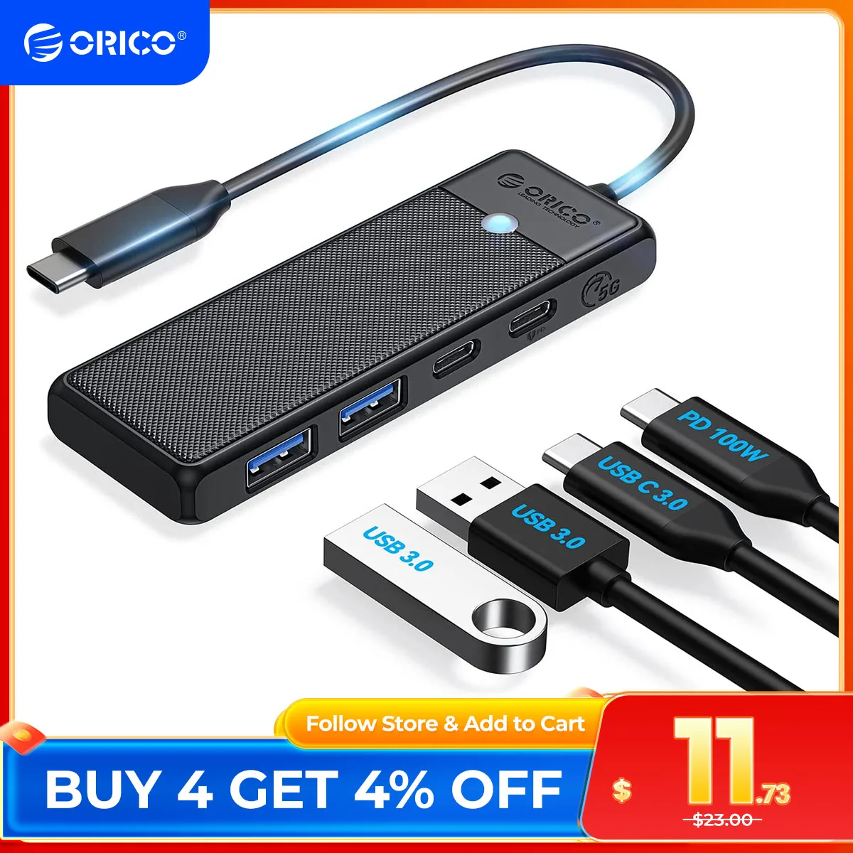 

ORICO USB 3.0 HUB Adapter Port Extender PD100W Charging Port 5Gbps High-Speed Transmission hub
