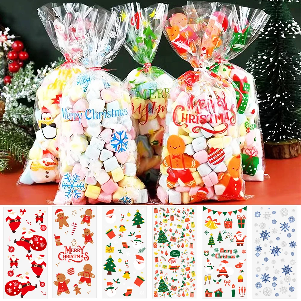 

Christmas Plastic Candy Bags, Santa Claus, Elk, Snowflake, Cookies Gift Packaging Bag for Home, New Year Party Favors, 50Pcs