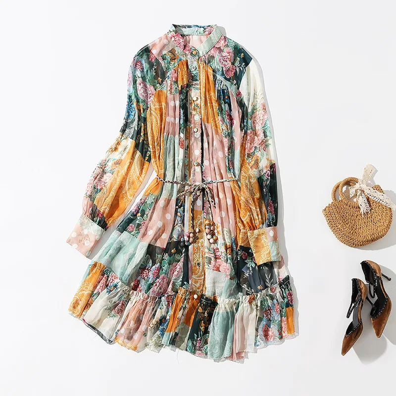 

European and American women's wear spring 2022 new Long sleeve floral polka dot print Fashion pleated silk dress two-piece
