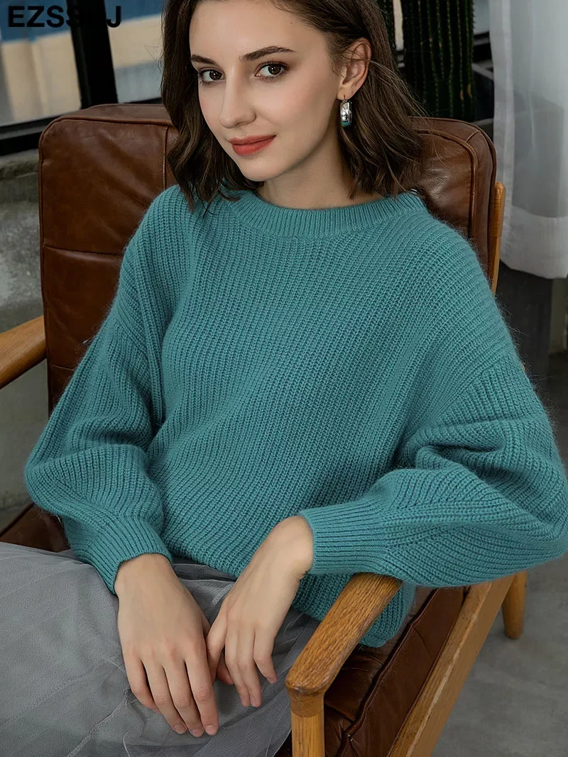 

EZSSKJ Soft oversized Cashmere Sweaters Women 2021 puff sleeve Winter sweater Pullovers Loose Female Warm Basic sweater Jumper