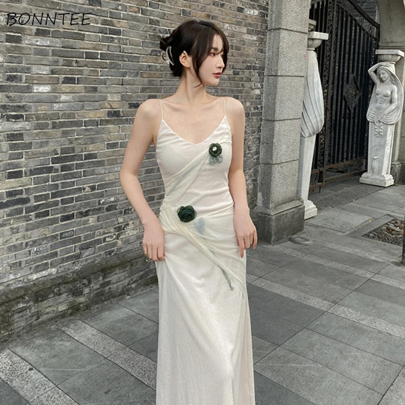 

Sleeveless Dresses Women Elegant Thin Summer Sexy Ladies Trendy Leisure Chic Sweet Retro Appliques Daily Korean Ankle-length New