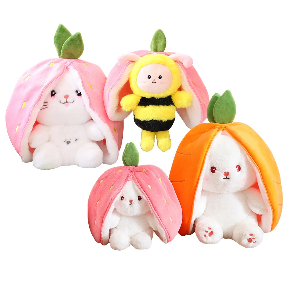 

35cm Creative Funny Doll Carrot Rabbit Plush Toy Stuffed Soft Bunny Bee Cat Hiding in Strawberry Bag Toys for Kids Birthday Gift