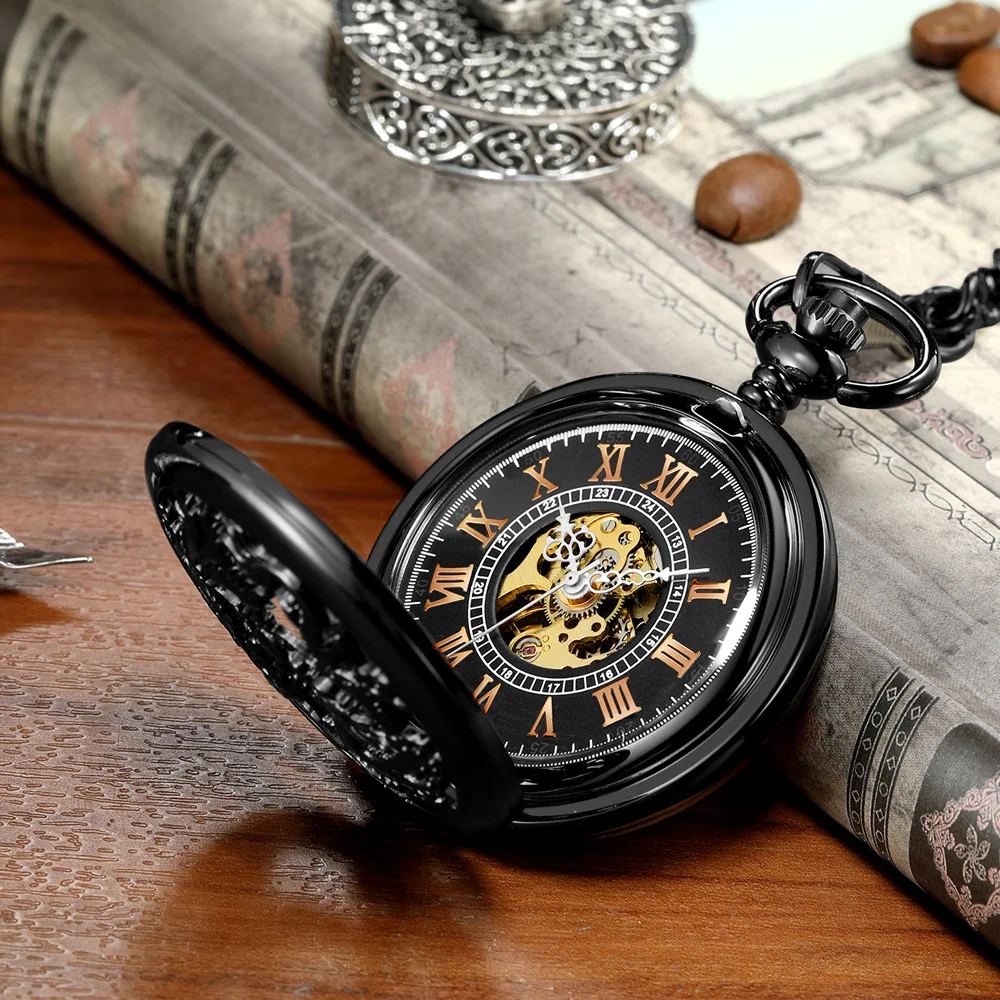 Vintage Retro Mechanical Pocket Watch Double Dragon Play Ball Steampunk Skeleton Hand-wind Flip Clock Fob Watch With Chain Men