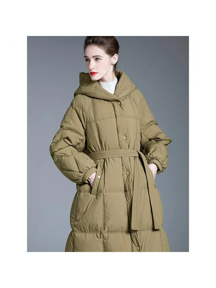 European 2022 Winter High End Long Hooded Thicked Loose Black 90 White Duck Down Coats Women Lace Up Bread Cloth Warmer Jackets