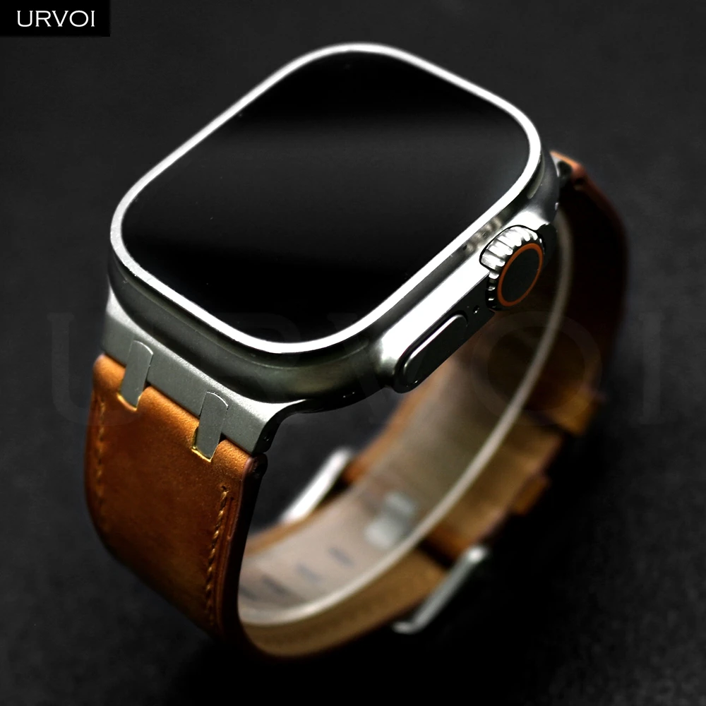 Фото Ремешок URVOI для Apple Watch Ultra 3 2 серии 11 10 9 8 SE, винтажный кожаный ремешок для iWatch, прочный тонкий дизайн, адаптеры AP 49 мм №1