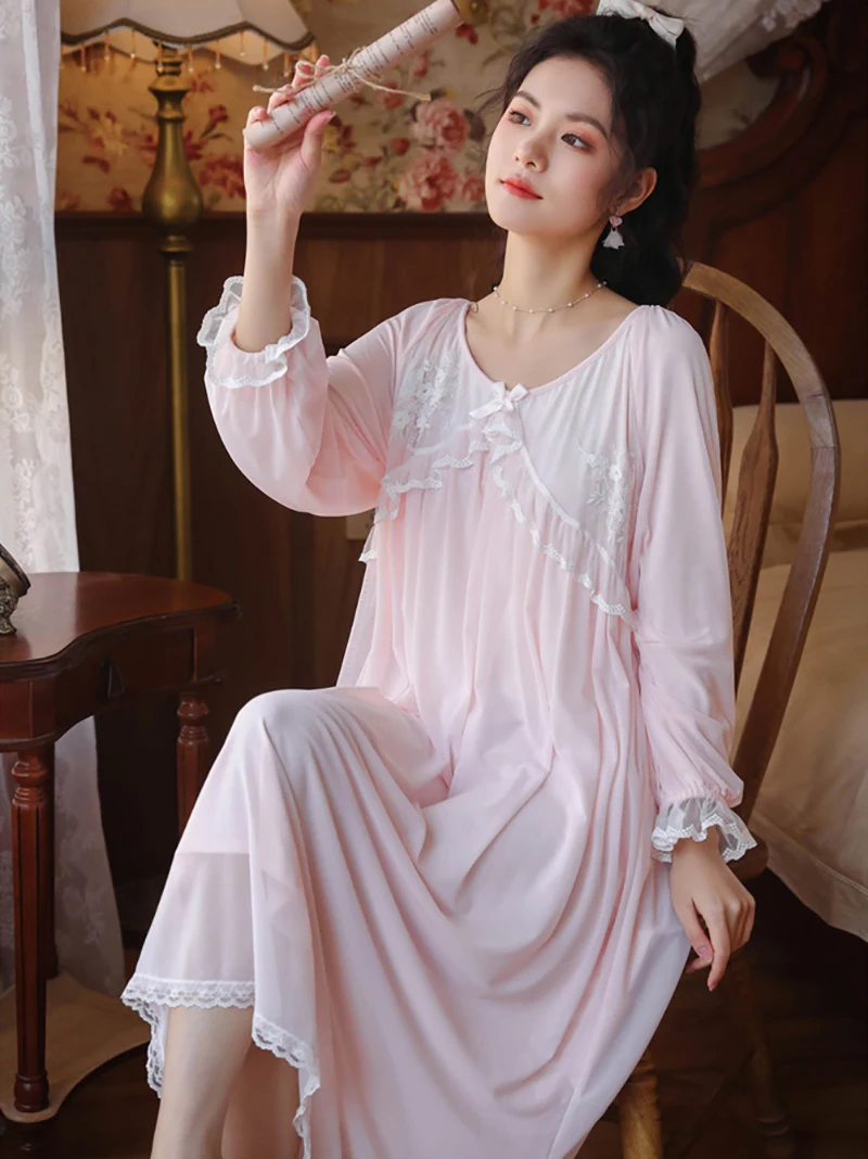 

Women Long Sleeve Modal Ruffles Mesh Vintage Nightdress Female Spring Gauze Princess Embroidered Lace Pajama Nightgown Sleepwear