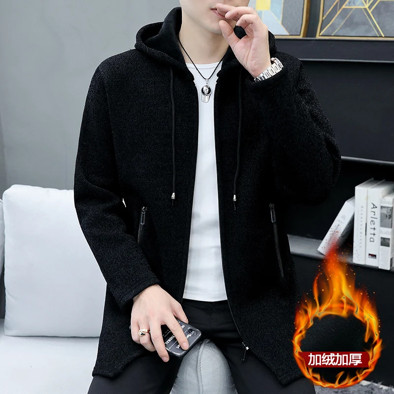 

New Men's Sweaters Mens Fashion Casual Knitted Sweaters Cardigan Men Hooded Plush Thickened Thermal Medium Long Slim Fit Coat