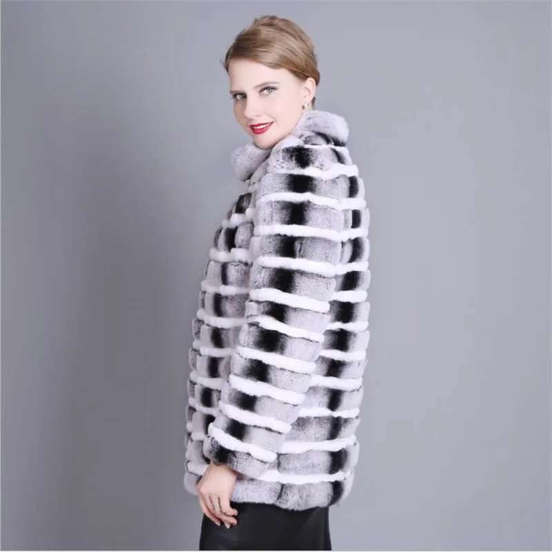Length 70CM Natural Chinchilla Rex Rabbit Fur Coat Jacket Women's Winter Warm Stand Collar Striped Outerwear