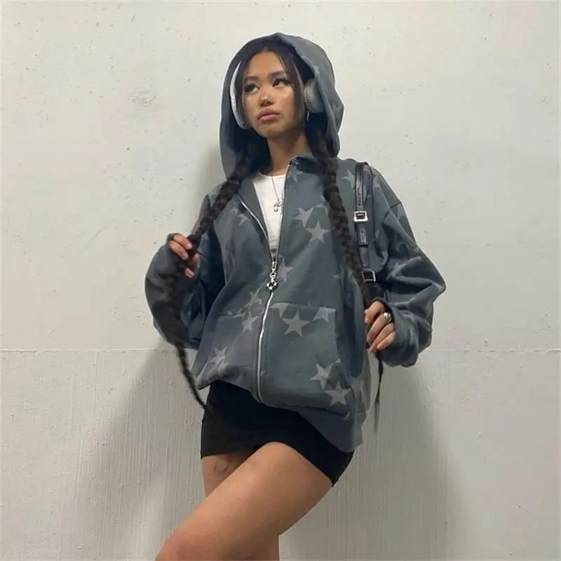 Women Vintage Star Print Hoodies Fashion Casual Zip Up Long Sleeve Loose Jacket Coats Harajuku Hooded Sweatshirts Y2k Streetwear |