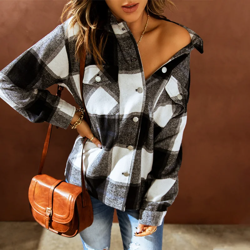 

Autumn Winter New Plaid Shirt Ladies Casual Long Sleeve Pocket Lapel Loose Cardigan Top