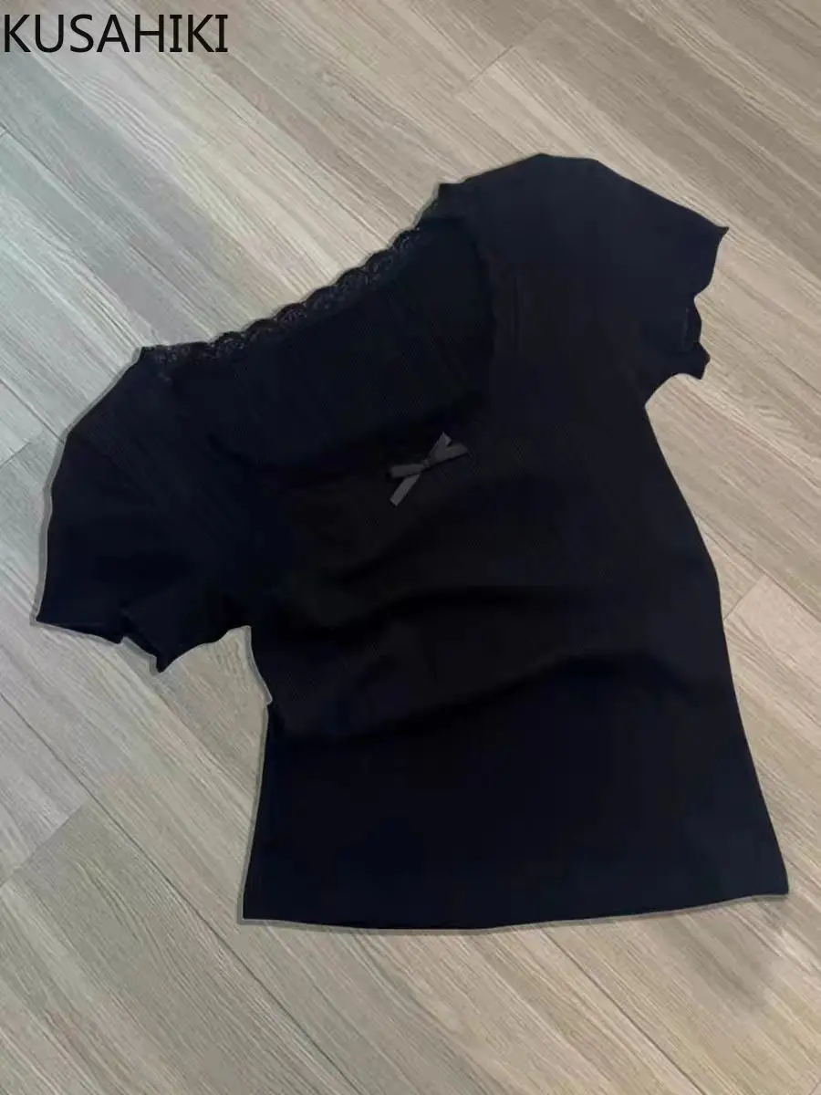 Корейская шикарная кружевная Лоскутная футболка kusхитки с квадратным воротником