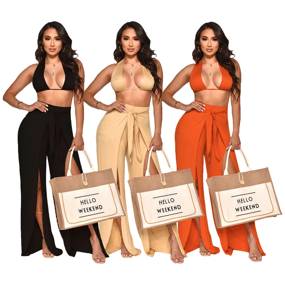 

Halter Bra Tops With Pencil Pants Women Solid Two Piece Suits