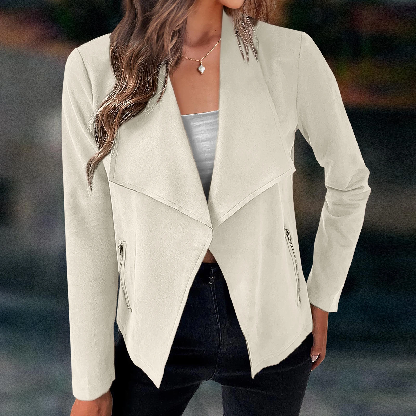 

Куртка женская из искусственной замши, однотонный укороченный пиджак с отложным воротником и карманами, свободный крой, Байкерский стиль, повседневная одежда
