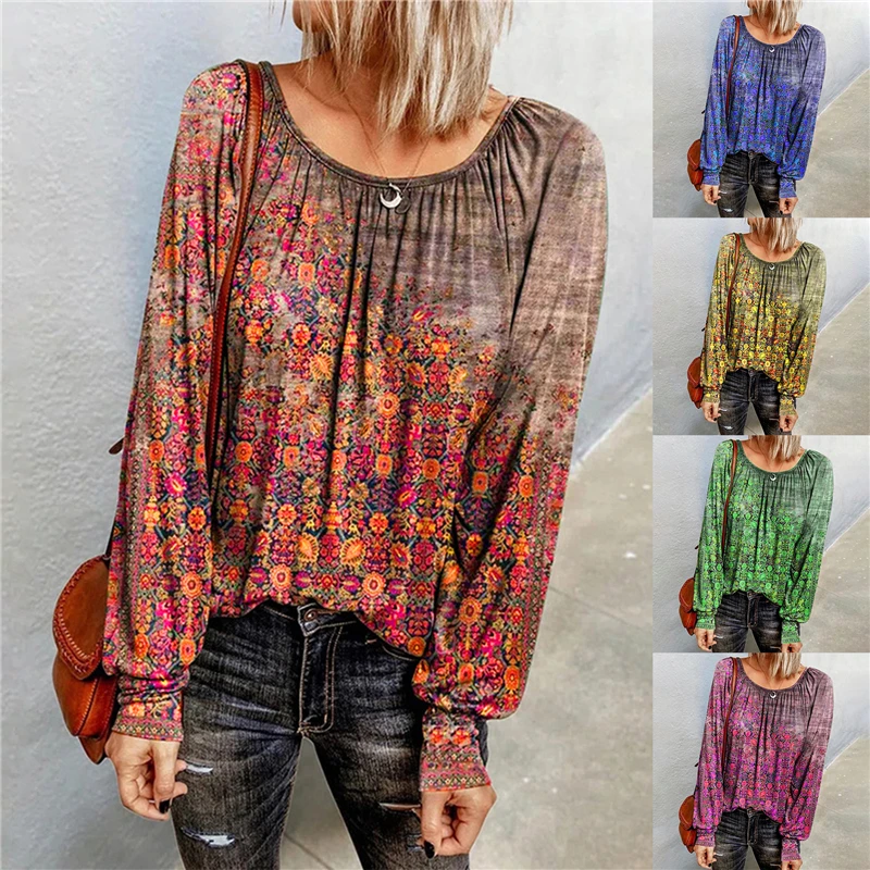 

Gradient Floral Print Long Sleeve T Shirt Tops for Women Casual Loose T Shirt Elegant Pleated Autumn Spring Round Neck Pullovers