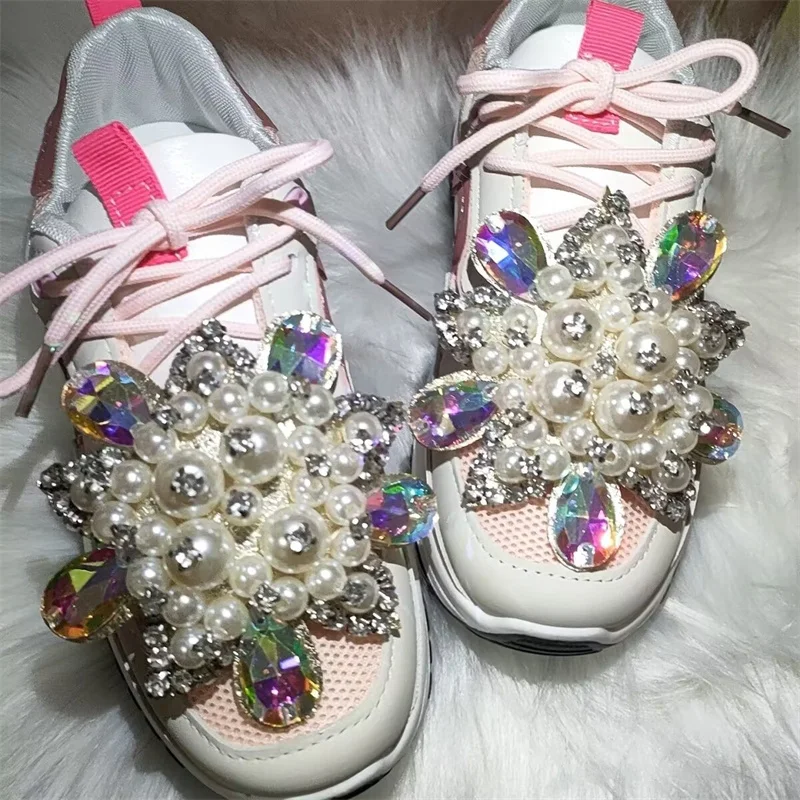 

Colorful rhinestones sweet handmade custom casual sports shoes pearl lace-up thick sole inside height increase women's 35-40