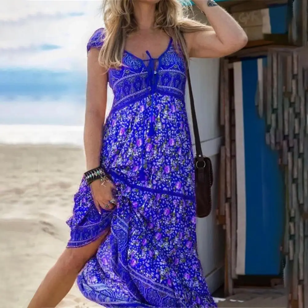 

Casual Casual Dress Vintage Women Dress Printed Floral Print Large Hem Dress V Neck